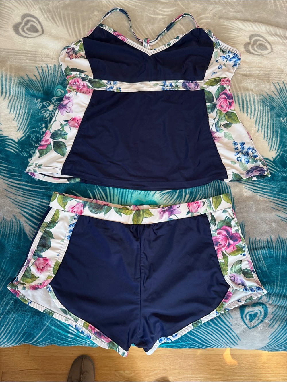 Navy Floral-Trim Two-Piece Swim Set